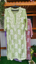 Rose Pista Green Silk Chikankari Long Kurta by LVW Fashions, featuring intricate handcrafted Lucknow chikankari embroidery.