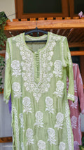 Rose Pista Green premium silk Kurta with intricate handmade Chikankari embroidery, long style from LVW Fashions.