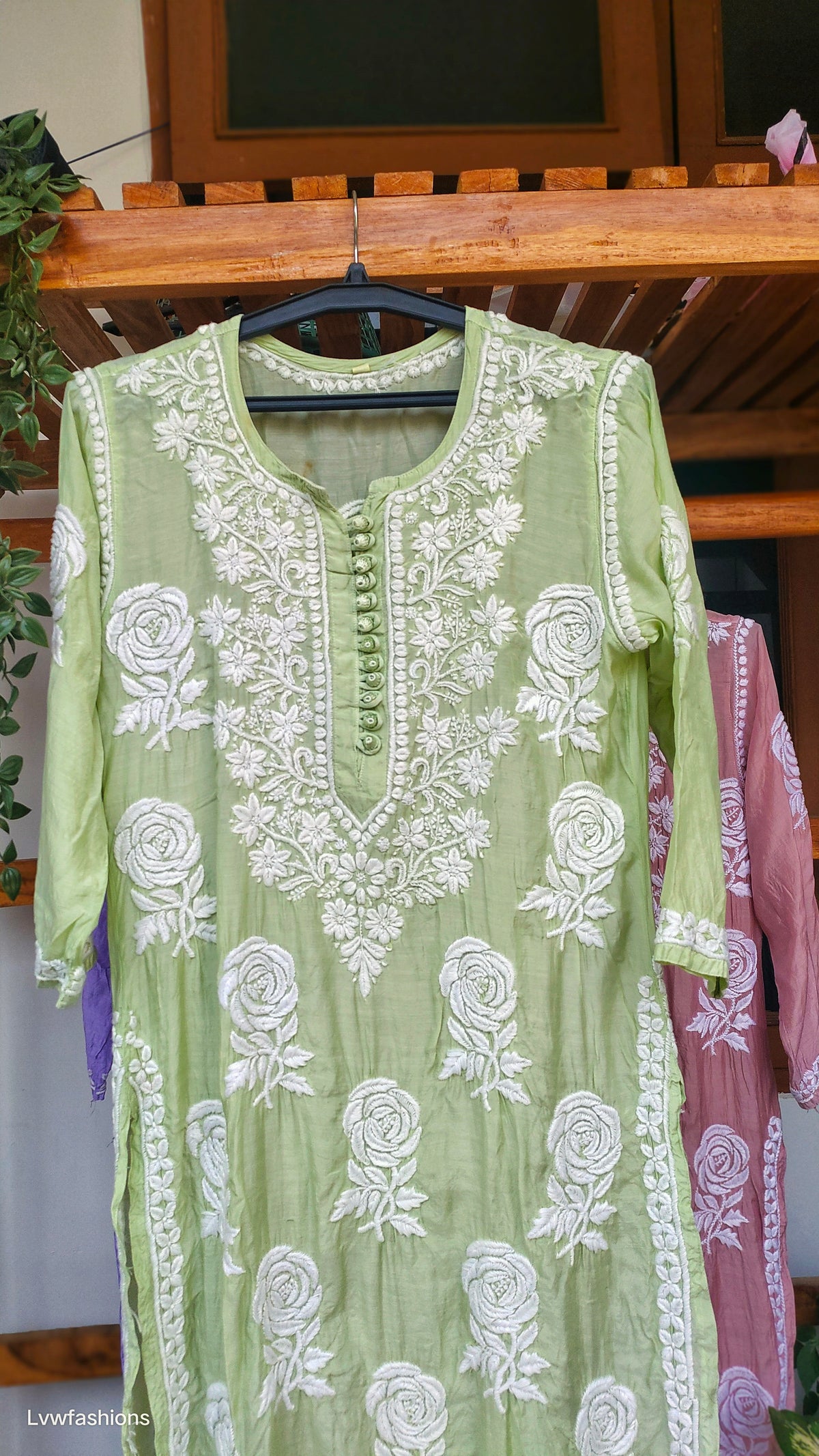 Rose Pista Green premium silk Kurta with intricate handmade Chikankari embroidery, long style from LVW Fashions.