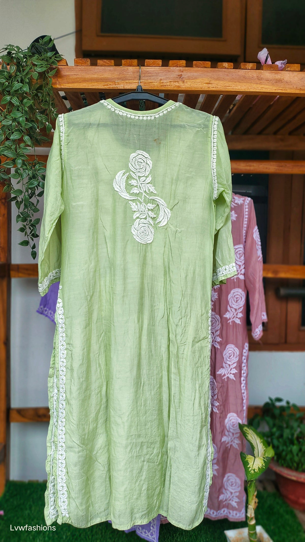 Rose Pista Green Premium Silk Chikankari Long Kurta by LVW Fashions, featuring intricate handmade Lucknow Chikankari embroidery.