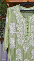 Rose Pista Green premium silk long kurta with intricate handmade chikankari embroidery from LVW Fashions.