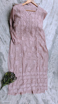 Luxurious rose pink silk long kurta with intricate white chikankari embroidery by LVW Fashions, featuring a Daman design.