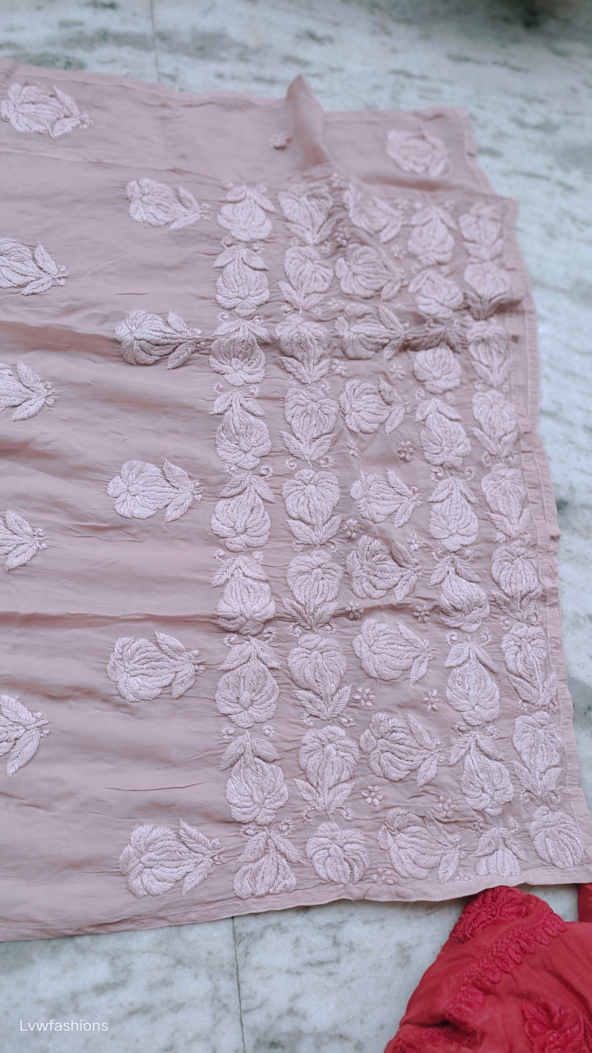 Luxurious pink silk long Kurta with intricate handmade Lucknow Chikankari embroidery by LVW Fashions, featuring a Daman design.