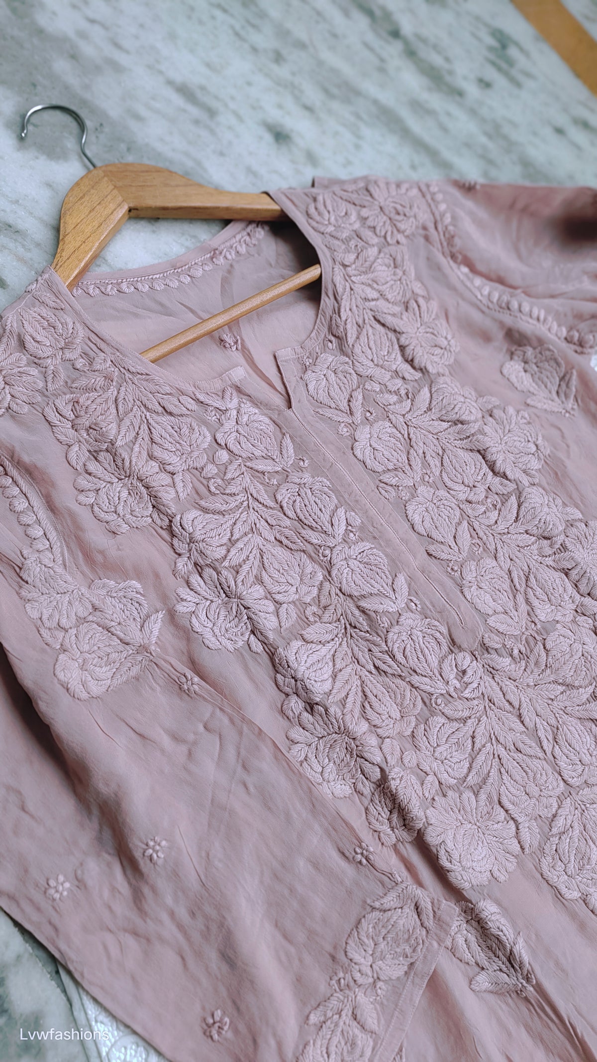 Luxurious pink silk long kurta with intricate Lucknow chikankari embroidery by LVW Fashions, featuring a Daman design.