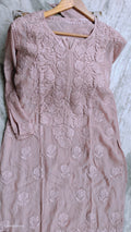 Luxurious rose pink silk long kurta with intricate Lucknow chikankari embroidery by LVW Fashions, featuring a Daman design.