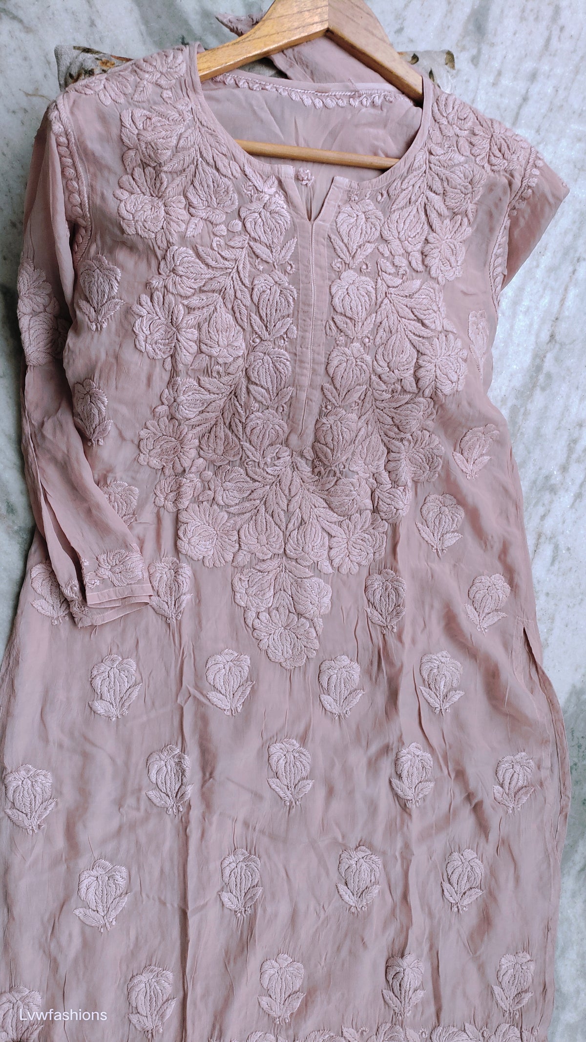 Luxurious rose pink silk long kurta with intricate Lucknow chikankari embroidery by LVW Fashions, featuring a Daman design.