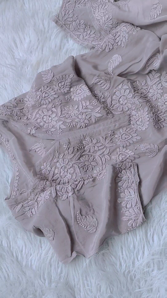 Rose premium silk Chikankari kurta by LVW Fashions, handmade Lucknow luxury look embroidered kurta with intricate floral design