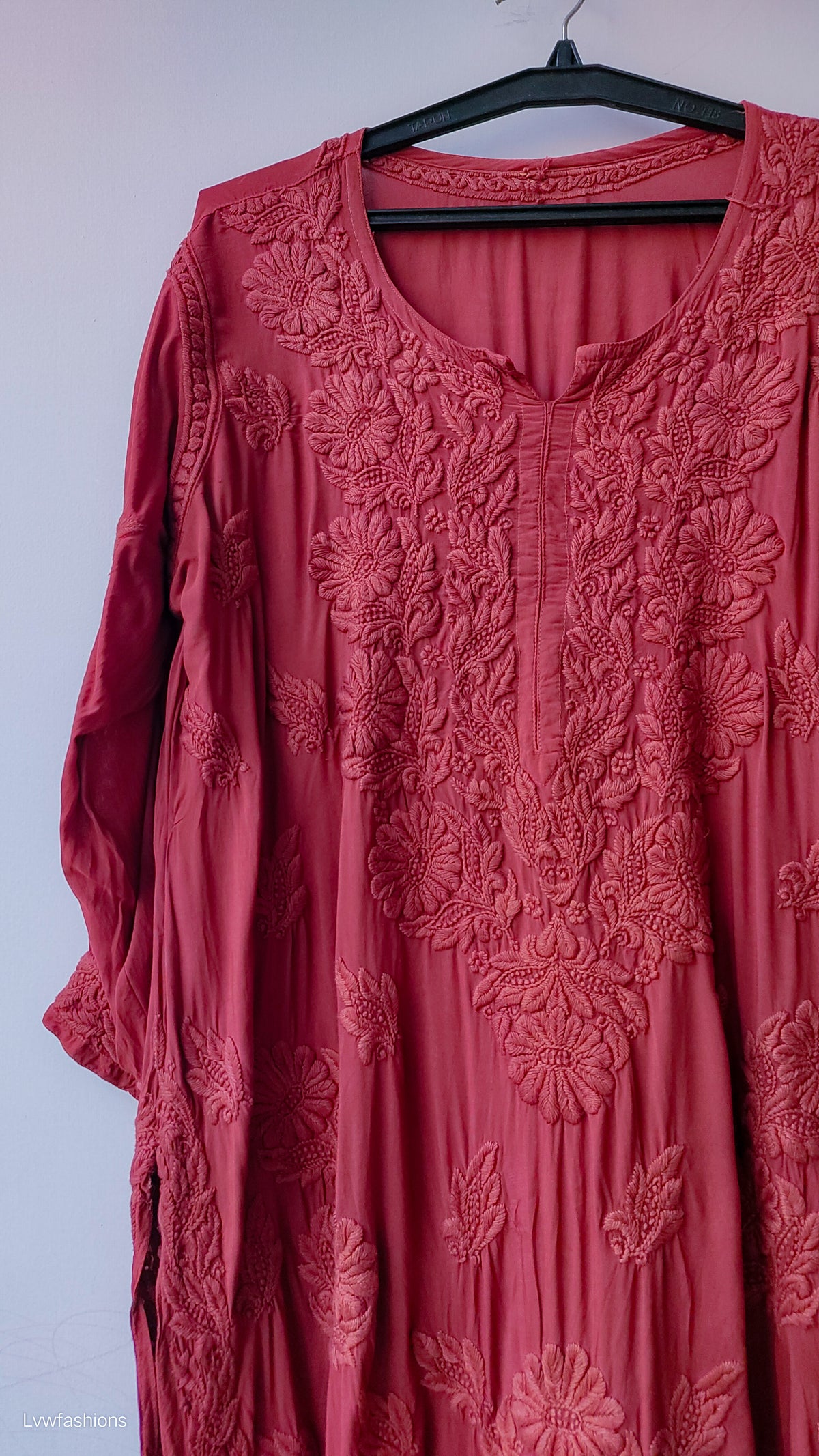 Rose Vale premium modal cotton Chikankari kurta by LVW Fashions, featuring intricate handmade Lucknow embroidery.