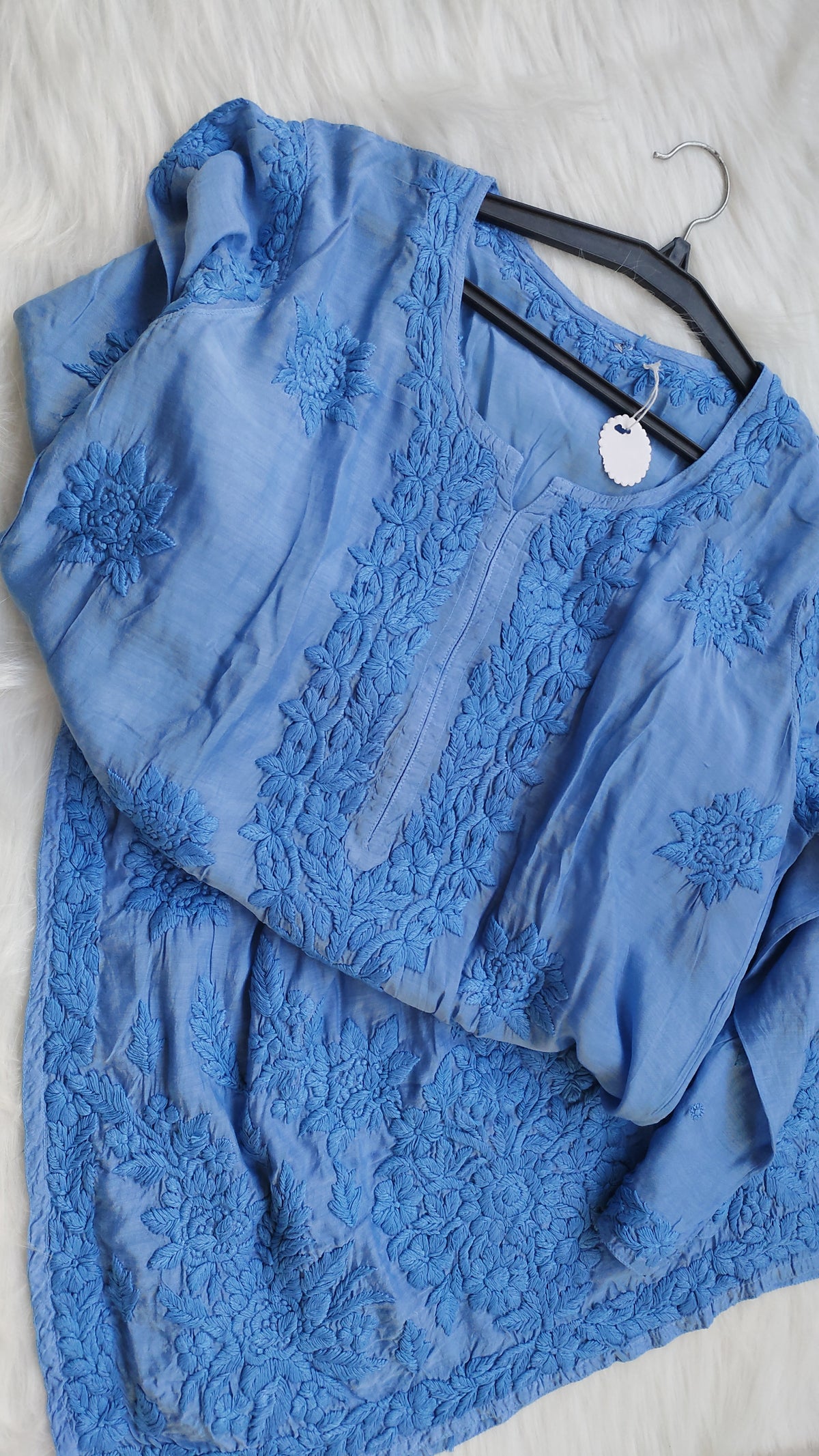Premium soft silk Rosemary Chikankari long kurta by LVW Fashions, handcrafted with intricate Lucknow embroidery.
