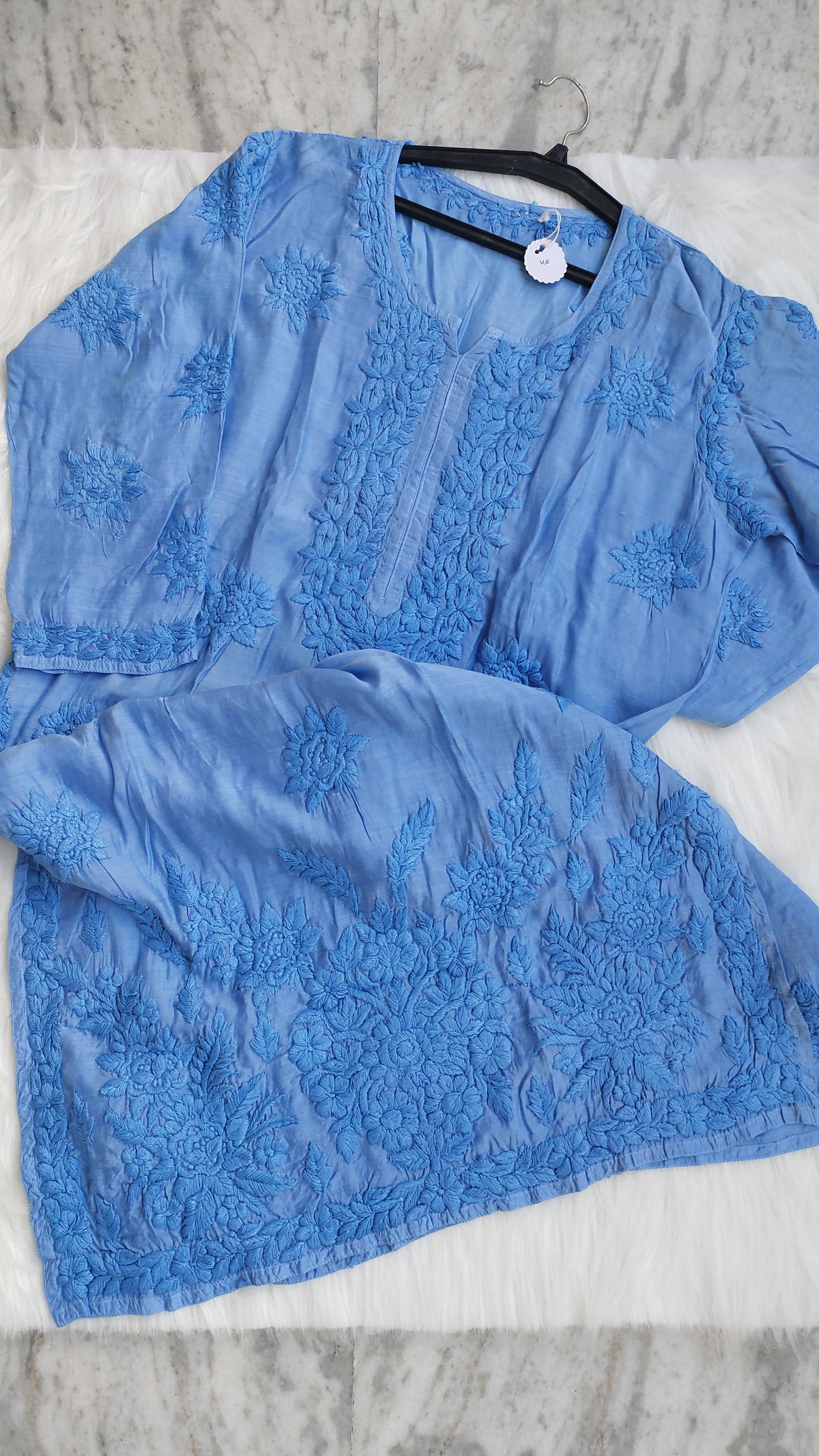 Rosemary premium soft silk long Kurta by LVW Fashions featuring delicate handcrafted Lucknow Chikankari embroidery.