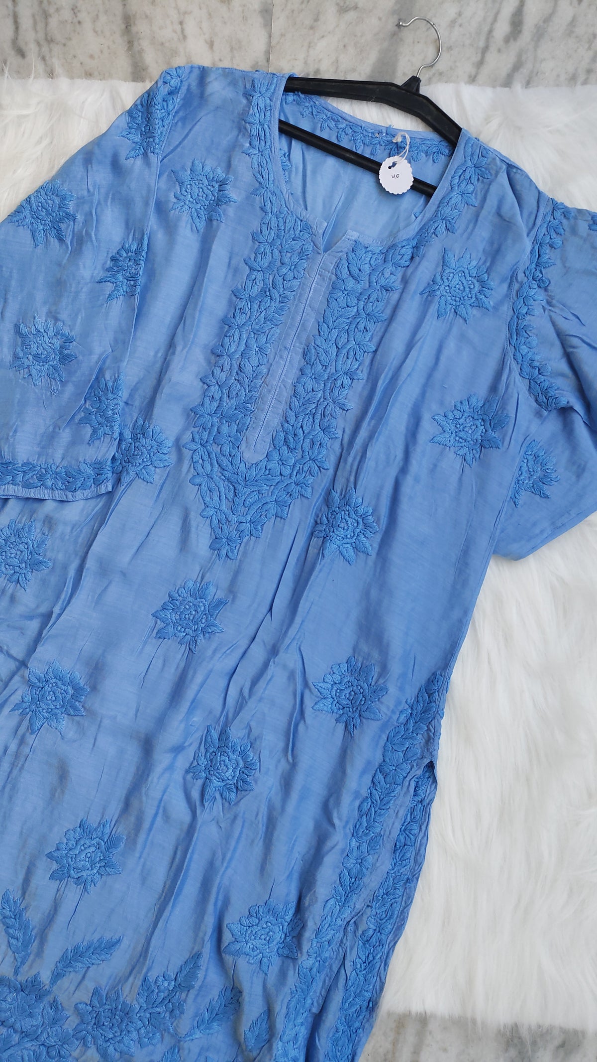 Premium soft silk long kurta with intricate handcrafted Chikankari embroidery, featuring traditional Lucknow craftsmanship.