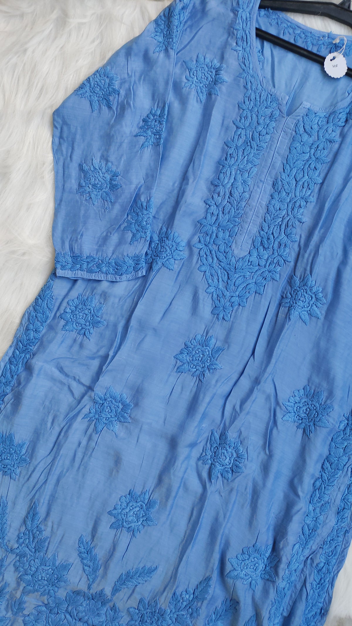 Rosemary Premium Soft Silk Chikankari Long Kurta by LVW Fashions, handcrafted in Lucknow with intricate embroidery, perfect for elegant wear.