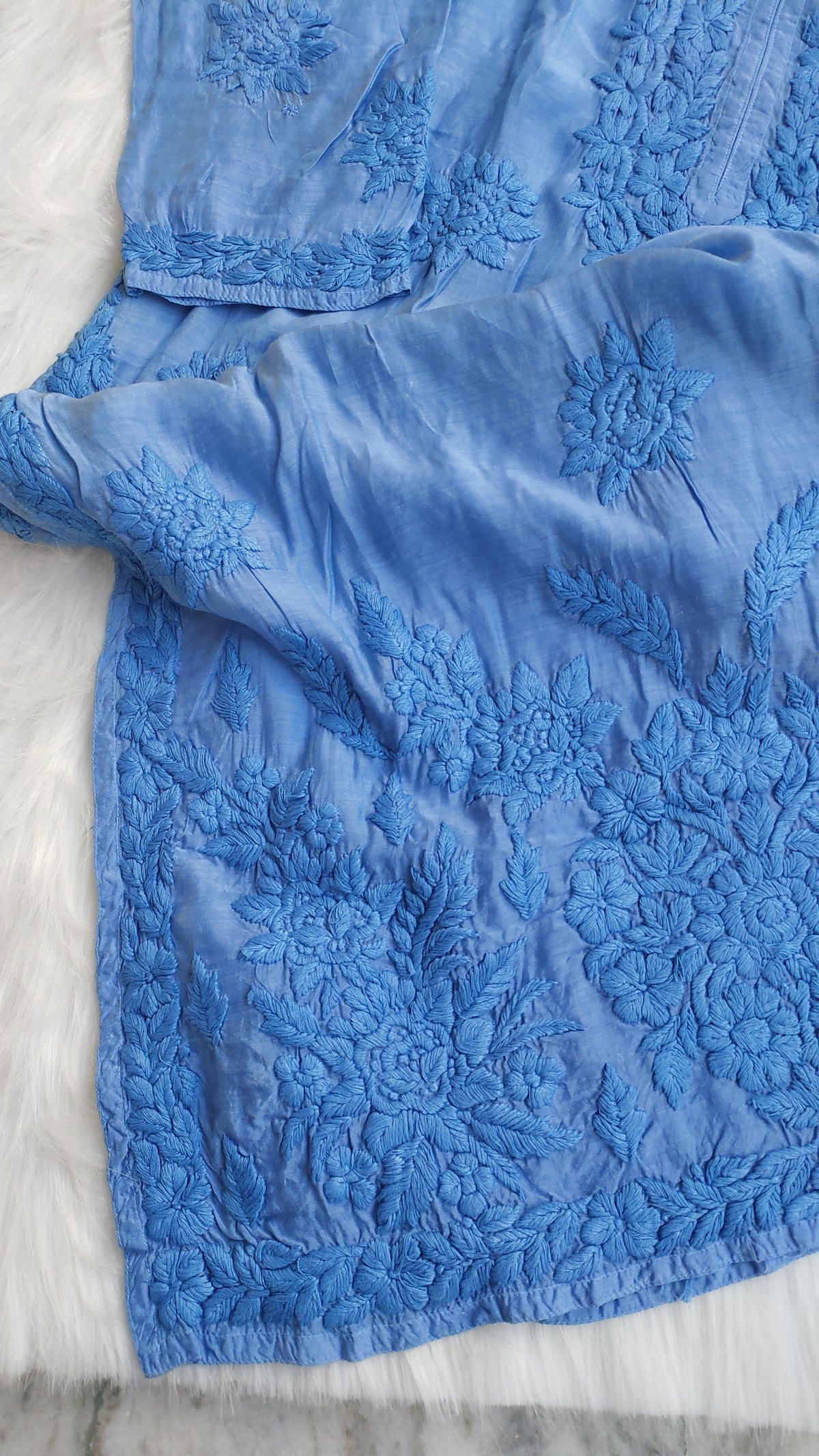 Premium soft silk long kurta with intricate handcrafted Lucknow chikankari embroidery by LVW Fashions.