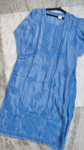 Premium soft silk long kurta with intricate white chikankari embroidery, handmade in Lucknow by LVW Fashions.