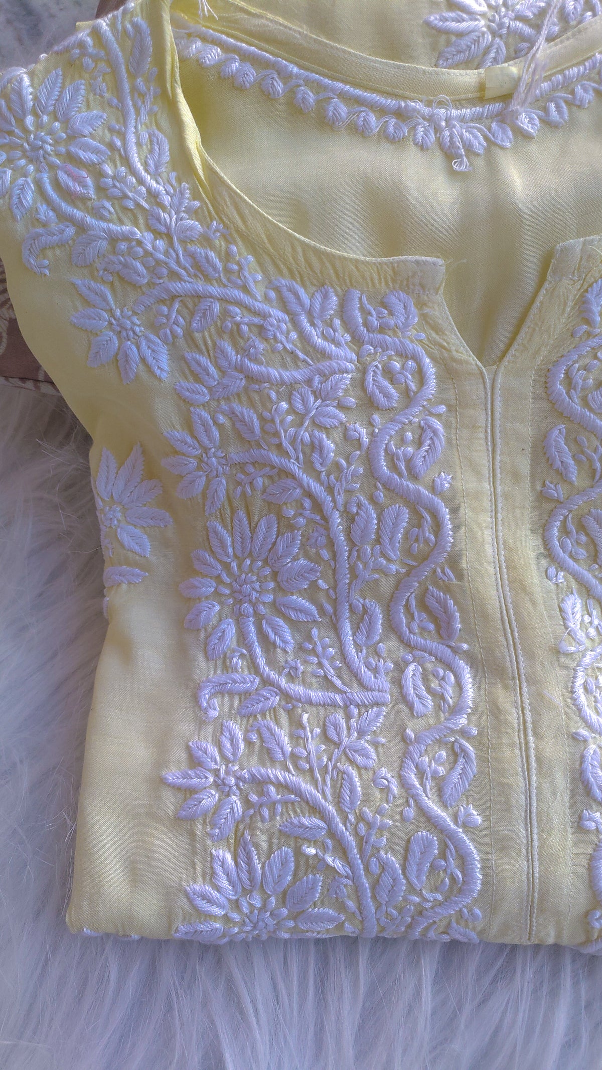 Rosy premium cotton silk handcrafted long kurta with intricate Lucknow chikankari embroidery by LVW Fashions.