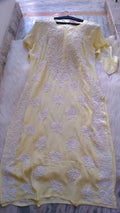 Rosy premium cotton silk long kurta with intricate handcrafted Lucknow chikankari embroidery by LVW Fashions.