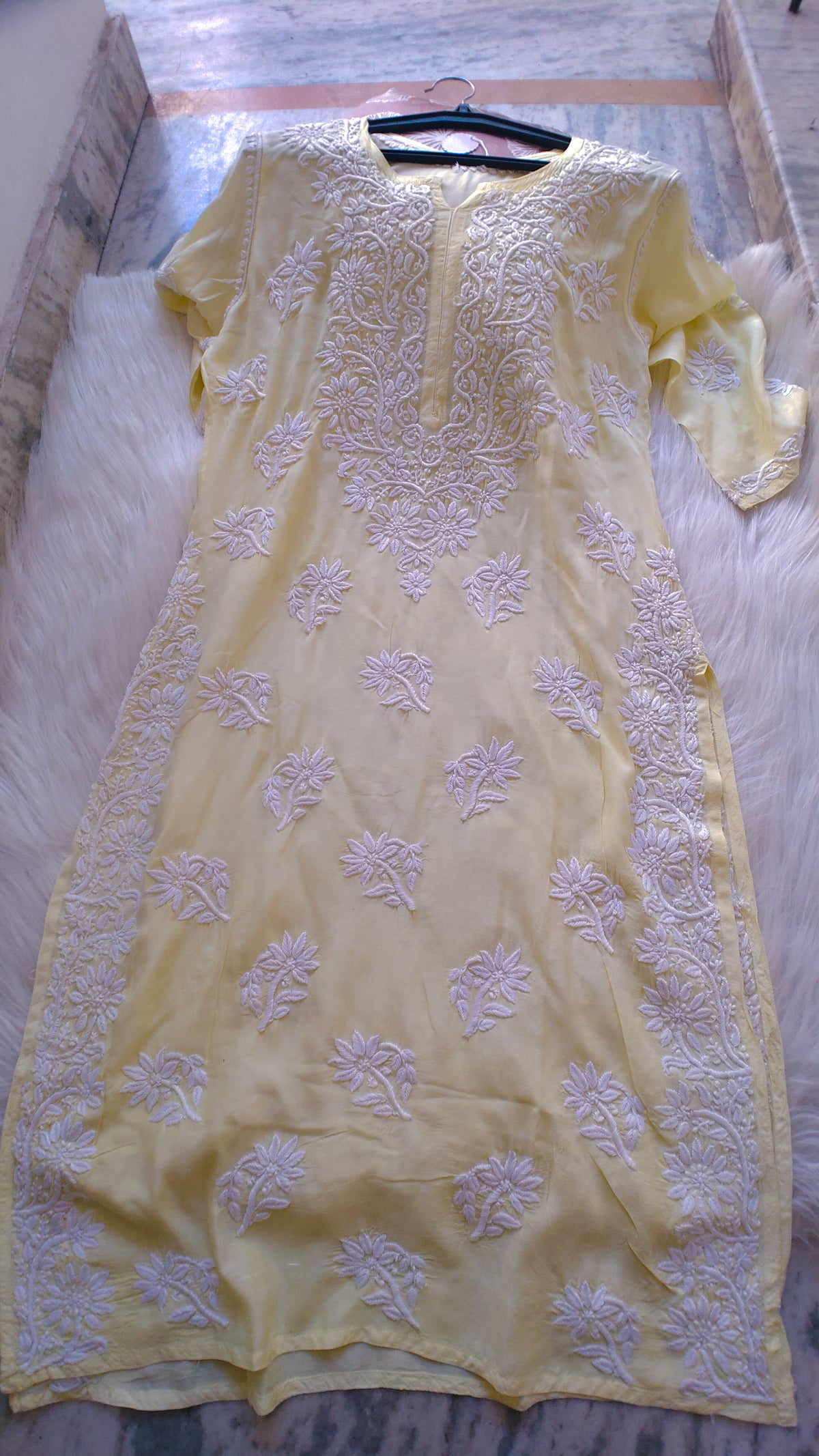 Rosy premium cotton silk long kurta with intricate handcrafted Lucknow chikankari embroidery by LVW Fashions.