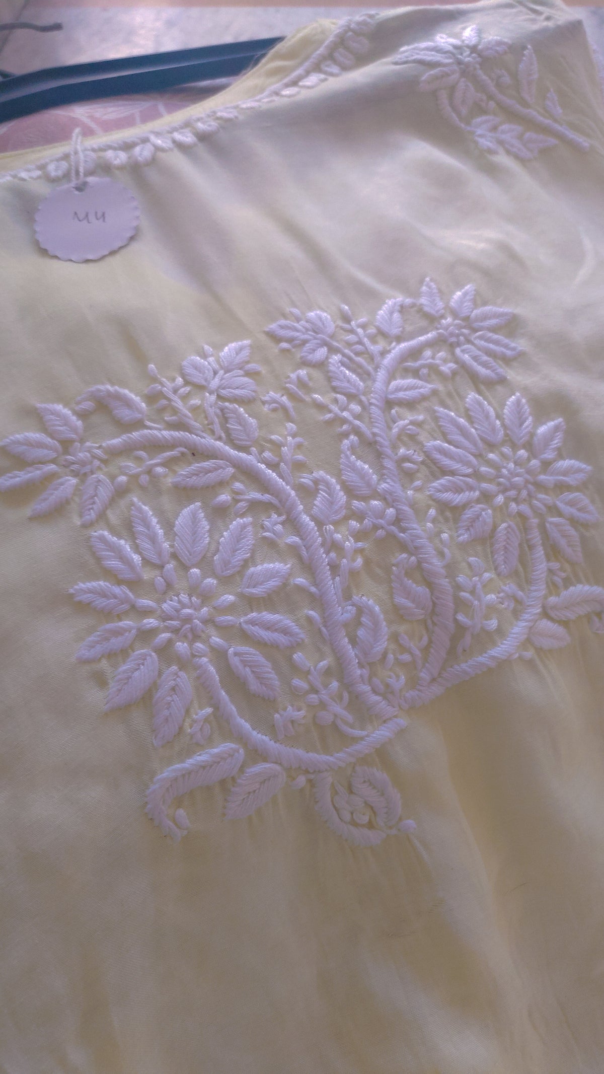 Rosy premium cotton silk handcrafted Chikankari long kurta by LVW Fashions, showcasing intricate Lucknow-style embroidery.