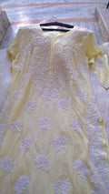 Rosy LVW Fashions handcrafted long cotton silk Chikankari kurta with intricate Lucknow embroidery, luxurious and elegant.