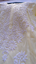 Luxurious long cotton silk kurta with intricate pink Chikankari embroidery by LVW Fashions, handcrafted in Lucknow.