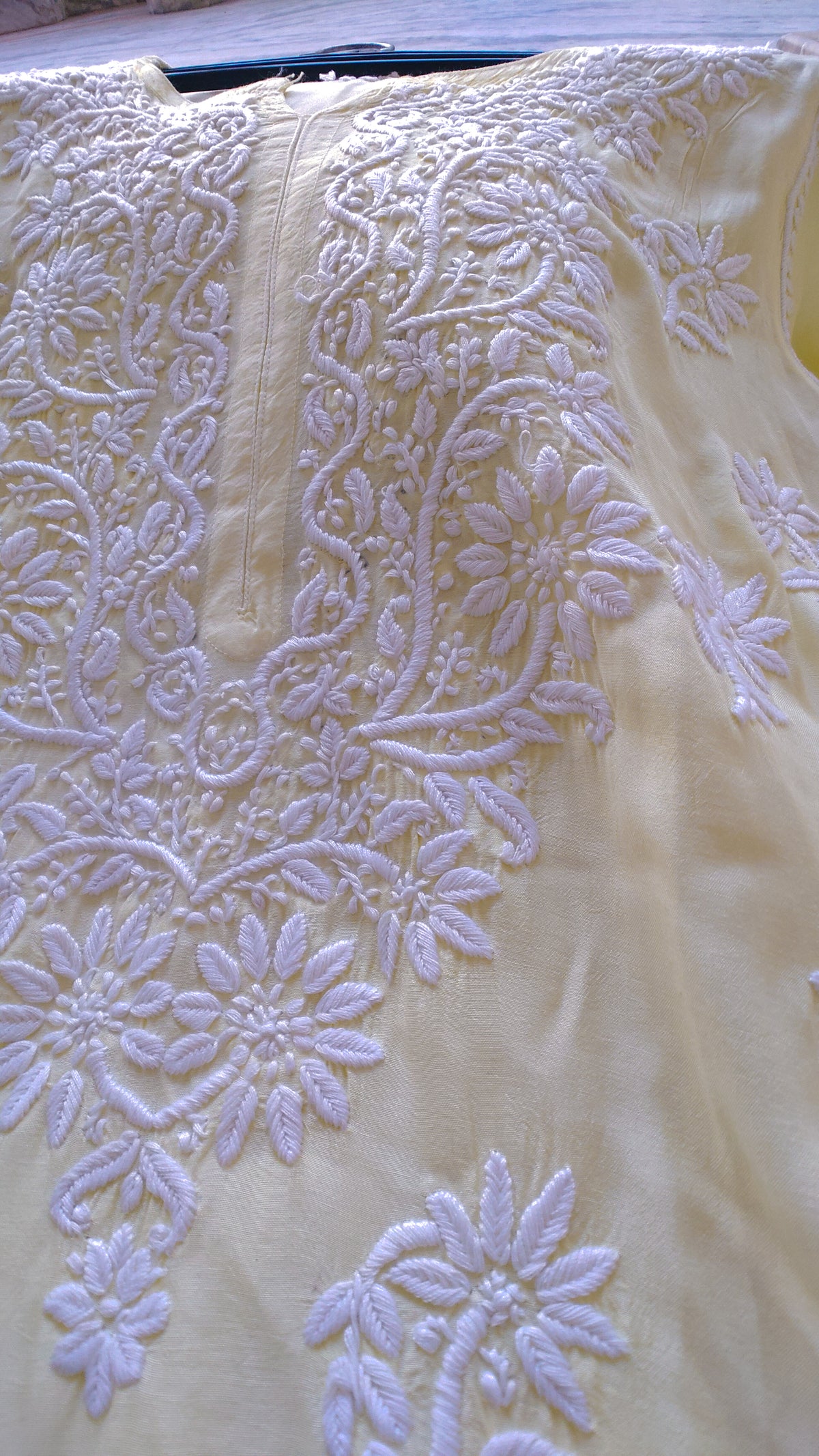 Luxurious long cotton silk kurta with intricate pink Chikankari embroidery by LVW Fashions, handcrafted in Lucknow.