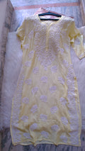 Rosy premium cotton silk Chikankari long kurta by LVW Fashions, handcrafted in Lucknow with intricate embroidery.