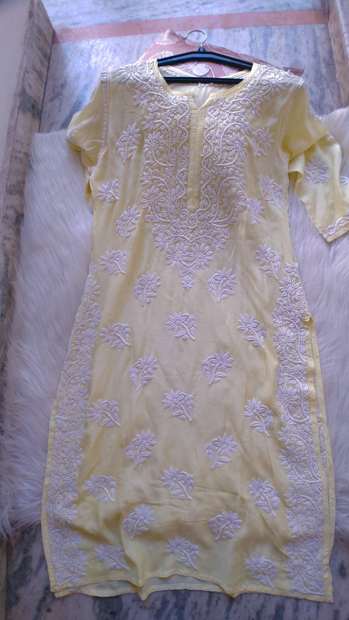 Rosy premium cotton silk Chikankari long kurta by LVW Fashions, handcrafted in Lucknow with intricate embroidery.