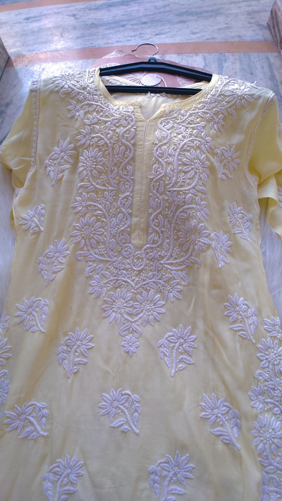 Rosy premium cotton silk handcrafted long kurta with intricate Lucknow chikankari embroidery, luxurious and elegant for special occasions.