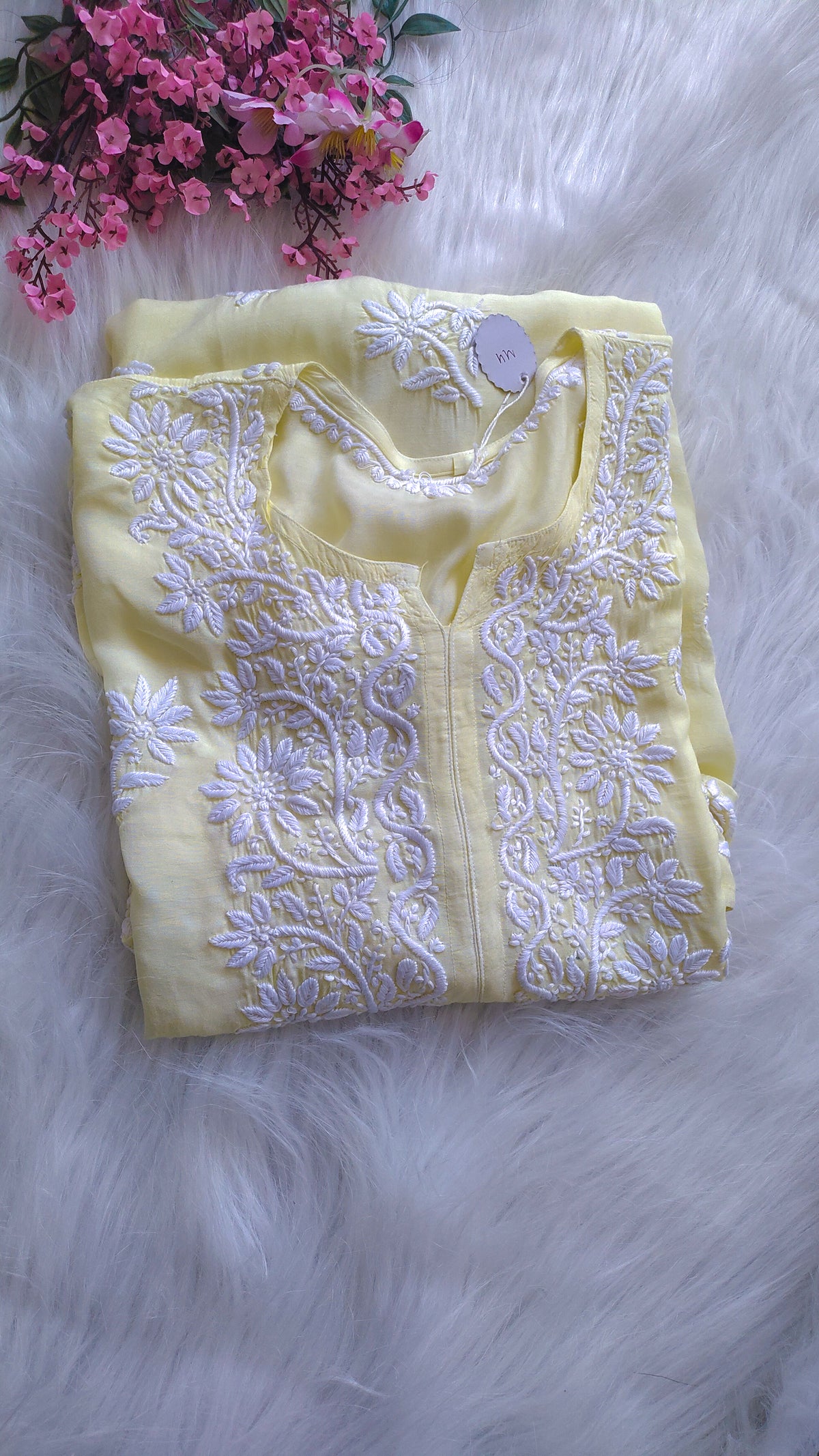 Rosy premium cotton silk handcrafted long kurta by LVW Fashions with intricate Lucknow chikankari embroidery.