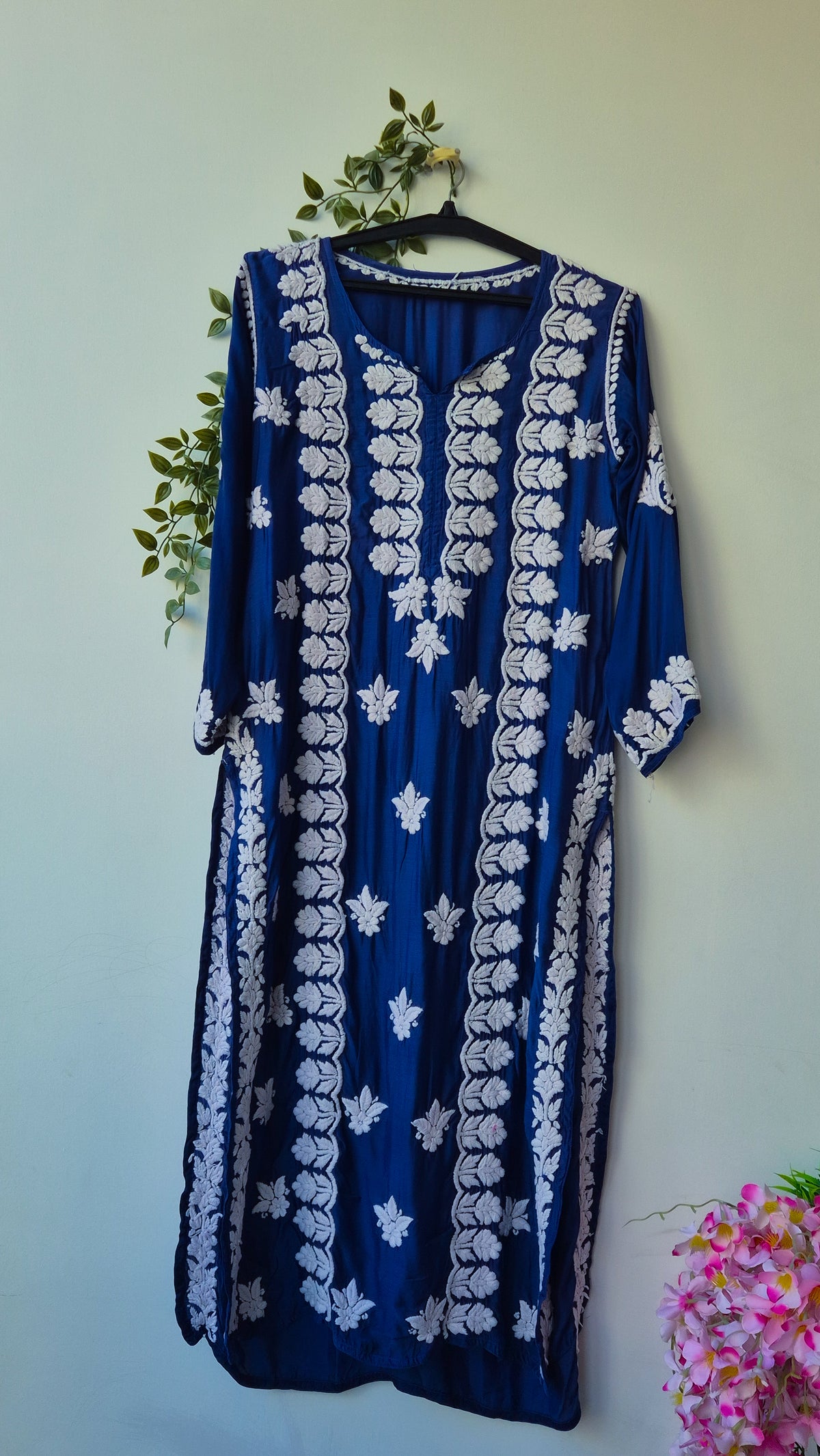Royal blue premium silk handmade Chikankari long kurta by LVW Fashions, featuring intricate Lucknow embroidery on pure silk fabric.