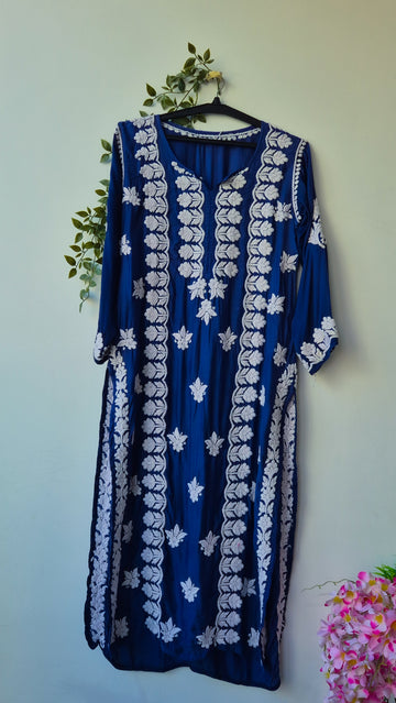 Royal blue premium silk handmade Chikankari long kurta by LVW Fashions, featuring intricate Lucknow embroidery on pure silk fabric.