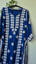 Royal blue premium silk handmade Chikankari long kurta by LVW Fashions, featuring intricate Lucknow Chikankari embroidery.