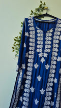 Royal blue premium silk handmade Chikankari long kurta by LVW Fashions, featuring intricate Lucknow-style embroidery.