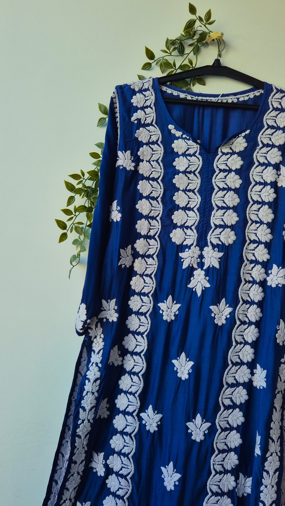 Royal blue premium silk handmade Chikankari long kurta by LVW Fashions, featuring intricate Lucknow-style embroidery.