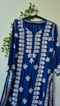 Royal blue premium silk handmade Chikankari long kurta by LVW Fashions featuring intricate Lucknow-style embroidery.