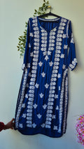 Royal blue premium silk handmade Chikankari long kurta by LVW Fashions featuring intricate Lucknow-style embroidery.