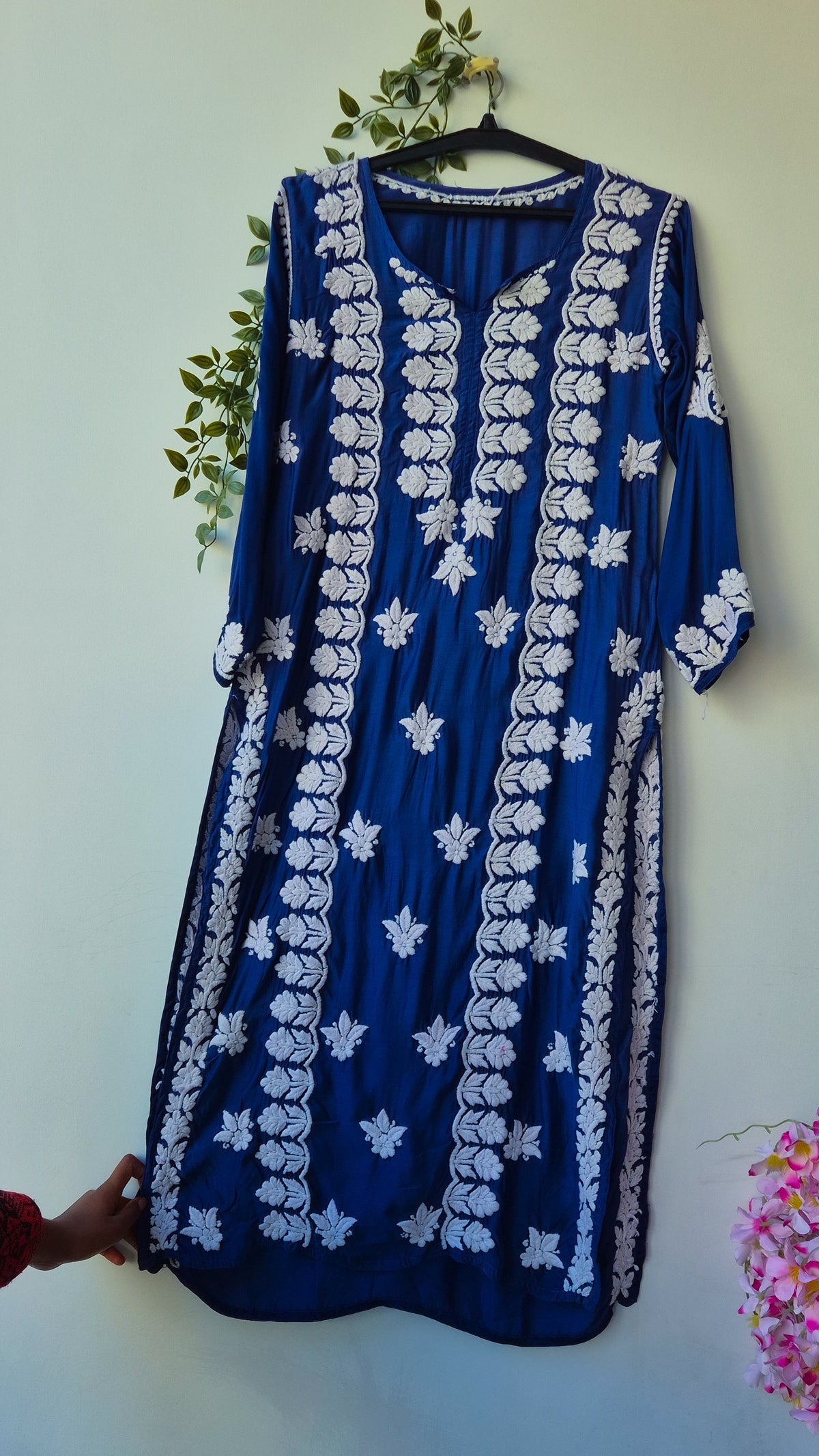 Royal blue premium silk handmade Chikankari long kurta by LVW Fashions featuring intricate Lucknow-style embroidery.