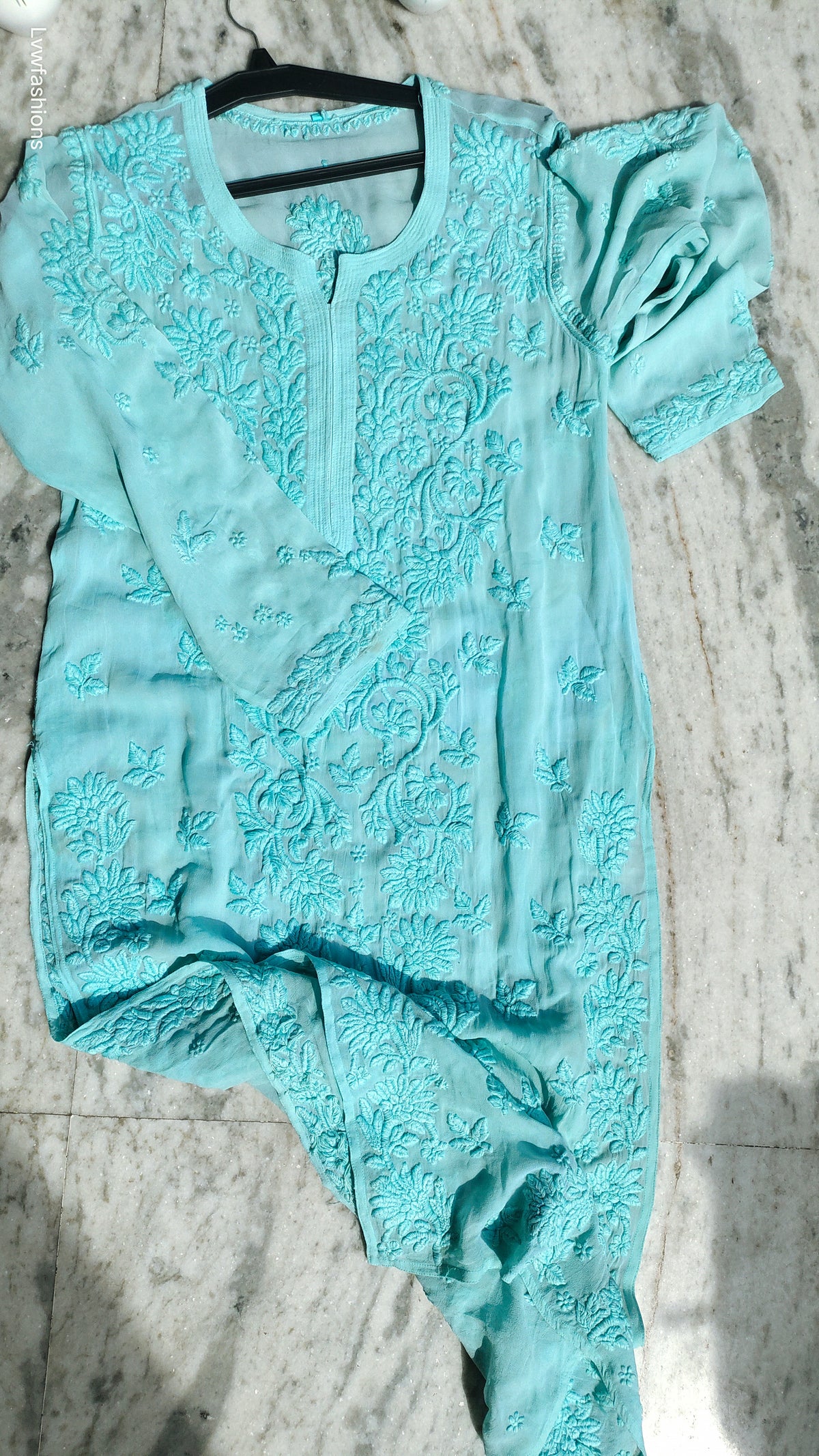 Ruhani Premium Georgette Chikankari Long Kurta by LVW Fashions, handcrafted Lucknow Chikankari with intricate embroidery.