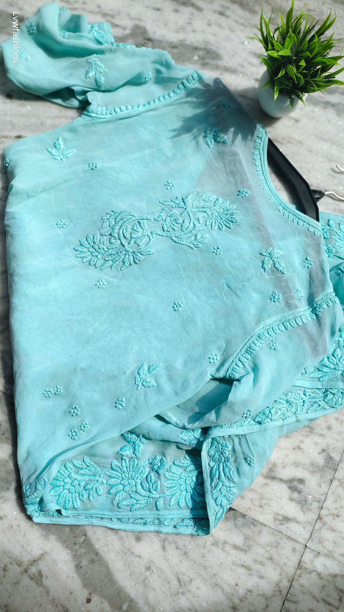 Ruhani Premium Georgette Chikankari Long Kurta by LVW Fashions featuring intricate Lucknow-style hand embroidery in a lightweight fabric.