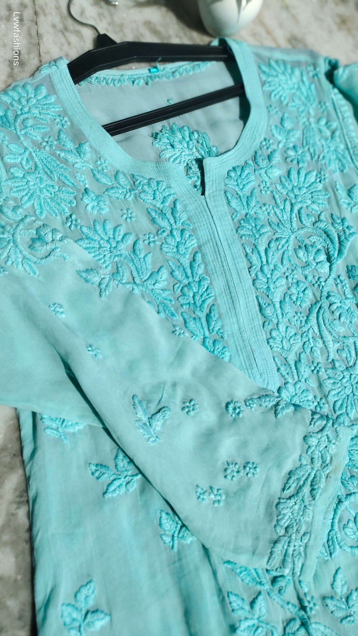 Ruhani Premium Georgette Chikankari Long Kurta by LVW Fashions, handmade Lucknow chikankari with intricate embroidery and elegant design.