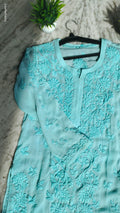 Ruhani premium georgette long kurta with intricate Lucknow chikankari embroidery, handmade by LVW Fashions.