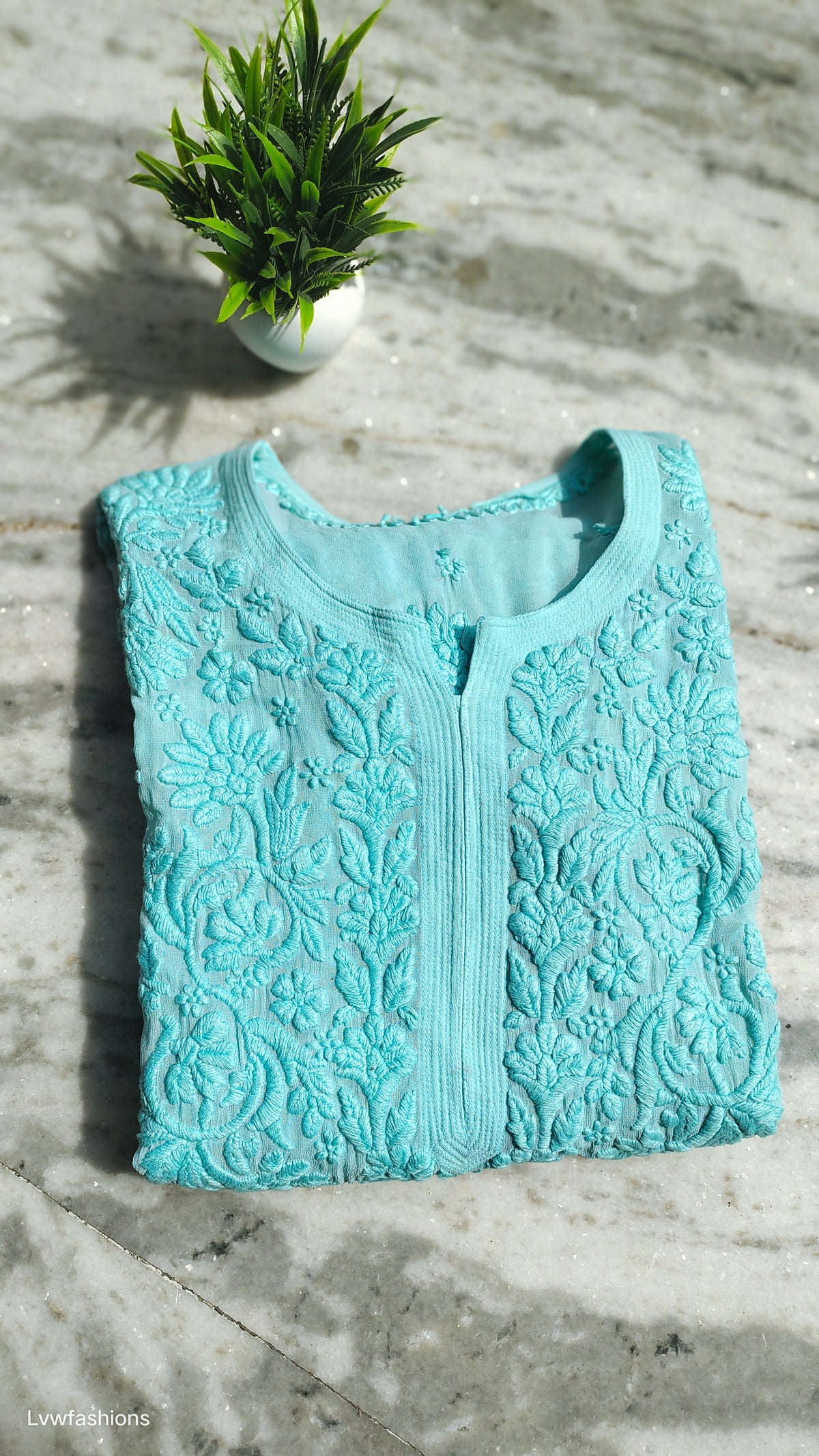 Ruhani Premium Georgette Chikankari Long Kurta by LVW Fashions, handmade Lucknow chikankari with intricate embroidery.