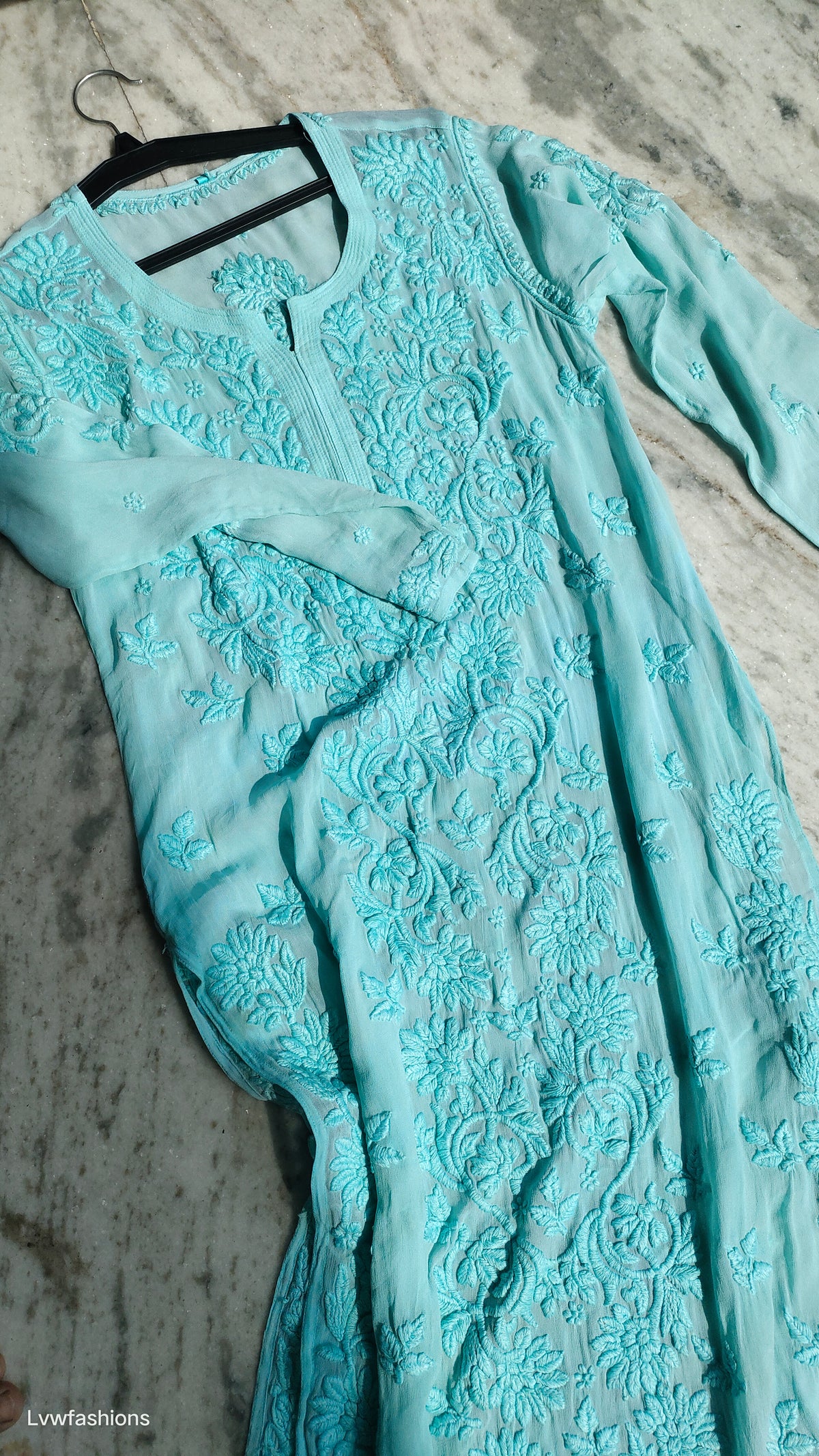 Ruhani premium georgette long kurta with intricate handmade chikankari embroidery from LVW Fashions, traditional Lucknow style.