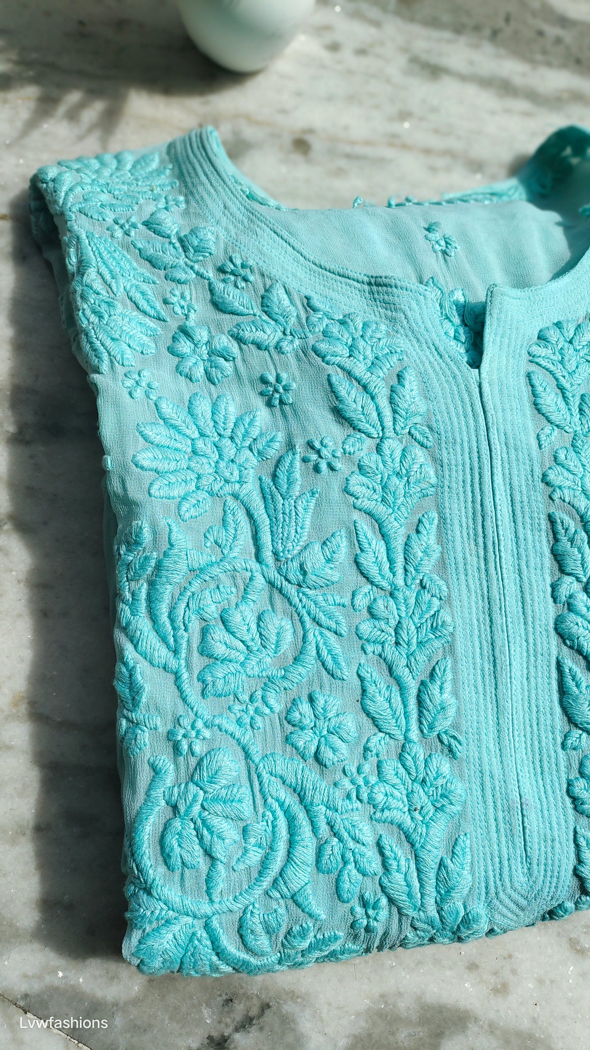 Ruhani premium georgette long kurta with intricate handmade Lucknow chikankari embroidery by LVW Fashions.