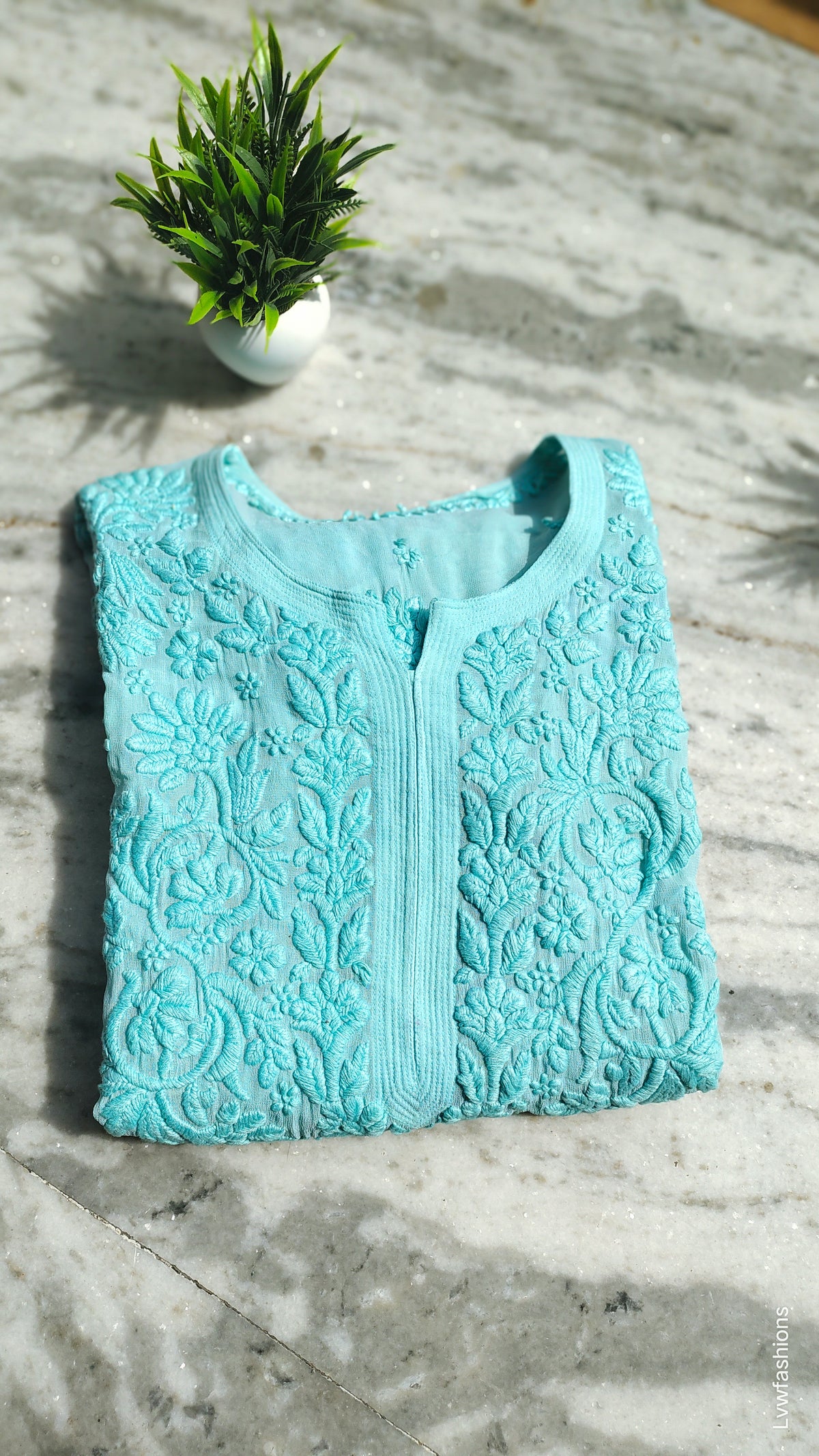 Ruhani Premium Georgette Chikankari Long Kurta by LVW Fashions featuring intricate handmade Lucknow Chikankari embroidery.