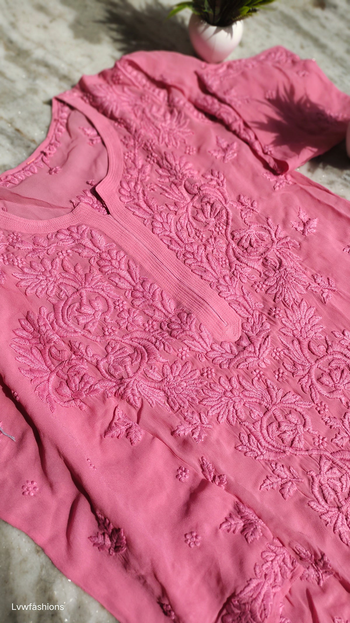 Ruhani premium georgette long kurta with intricate handmade Lucknow chikankari embroidery from LVW Fashions.