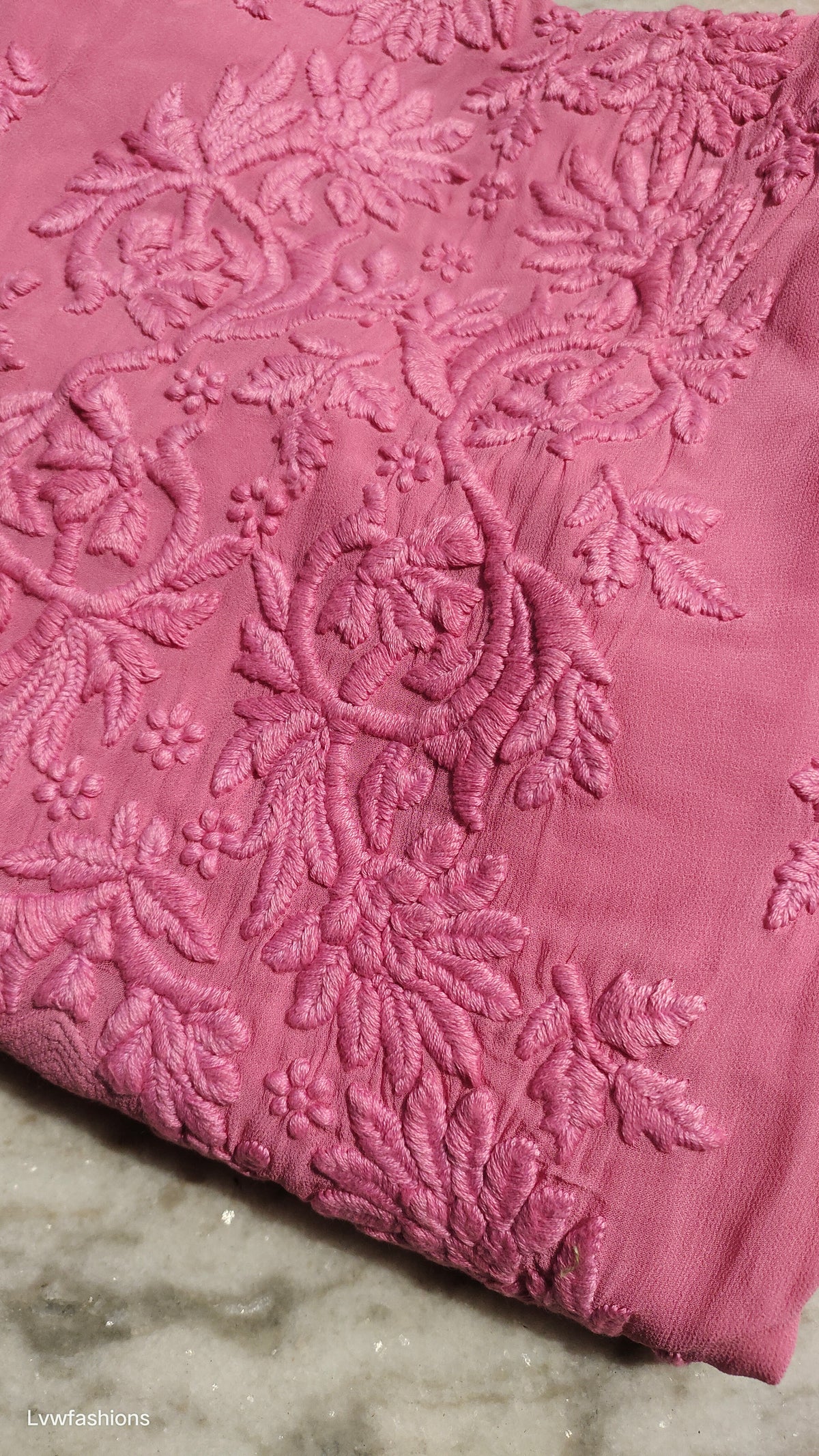 Ruhani Premium Georgette Chikankari long kurta by LVW Fashions, featuring intricate handmade Lucknow Chikankari embroidery.
