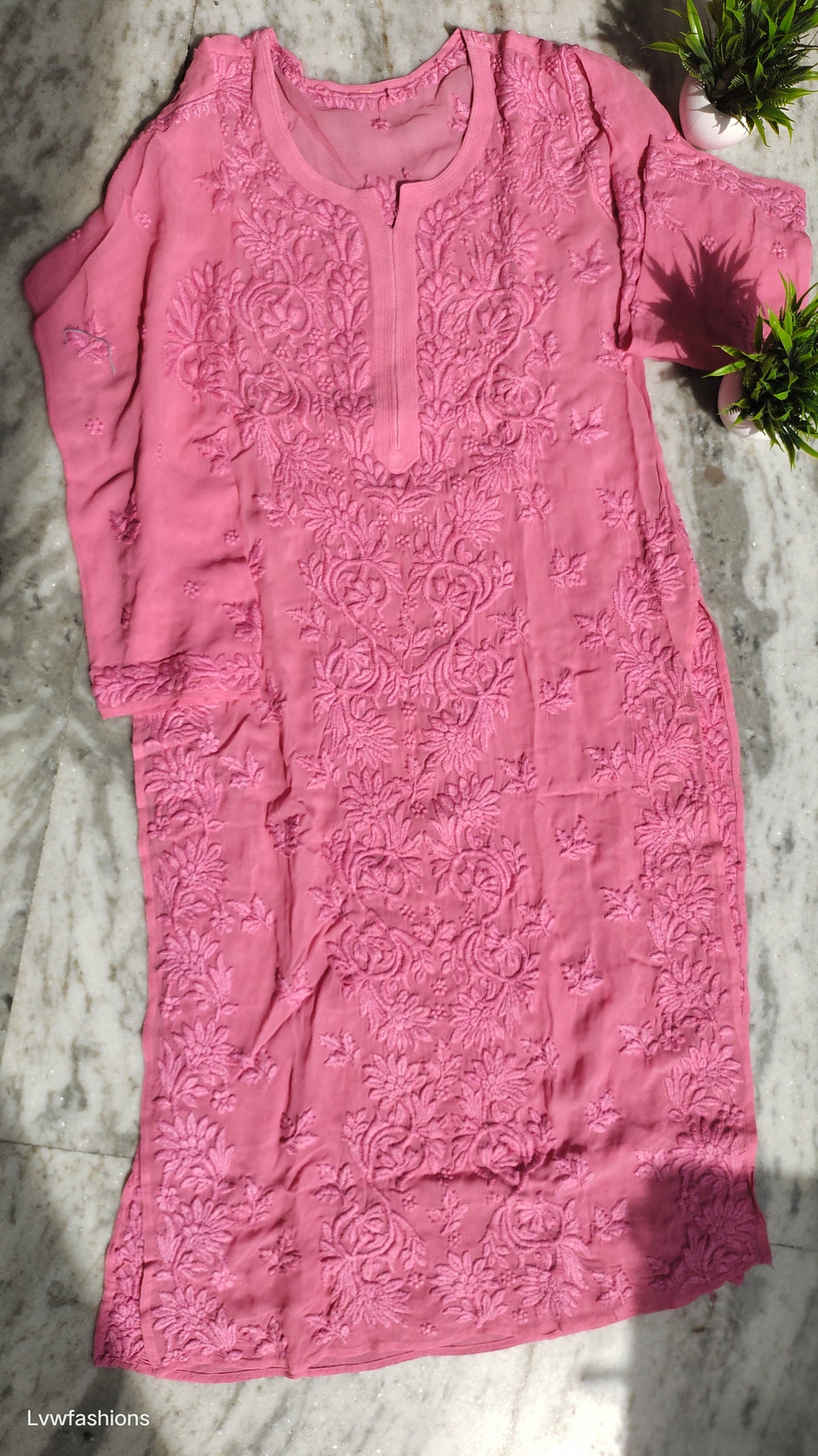 Ruhani premium georgette long kurta with intricate handmade Lucknow chikankari embroidery, luxurious look, by LVW Fashions.