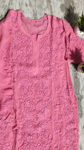 Luxurious long georgette kurta with intricate handmade chikankari by LVW Fashions, featuring traditional Lucknow embroidery.