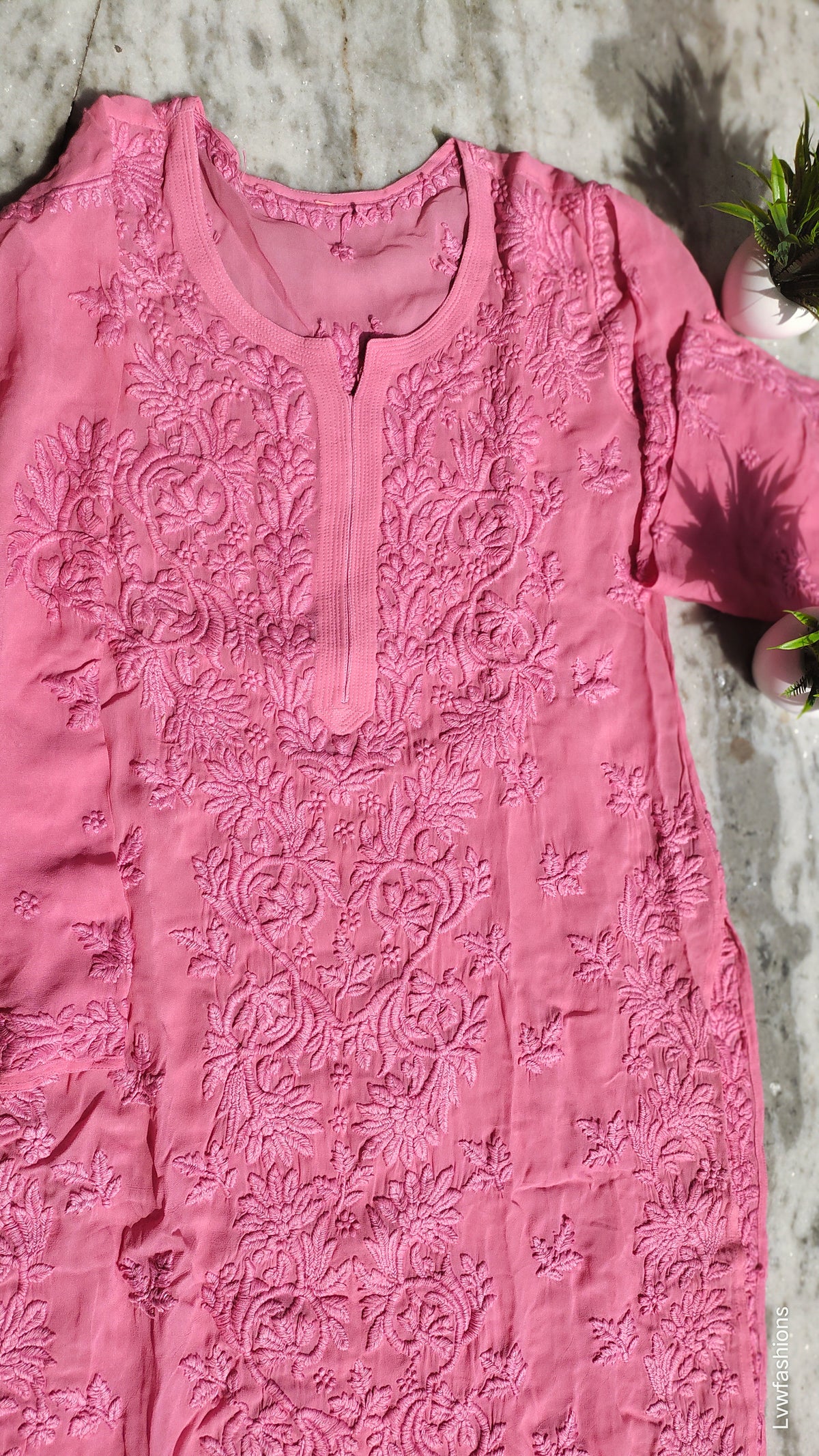 Luxurious long georgette kurta with intricate handmade chikankari by LVW Fashions, featuring traditional Lucknow embroidery.